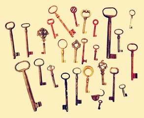 Antique Old KEYS isolated on Vintage Brown background, without shadow.