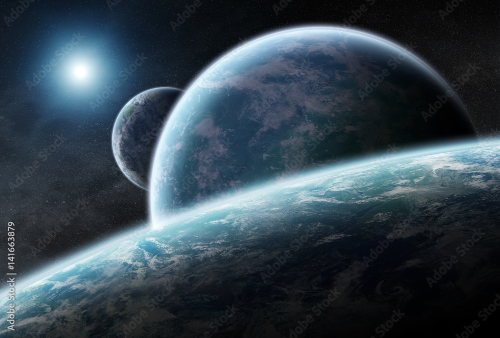 Poster Distant planet system in space 3D rendering