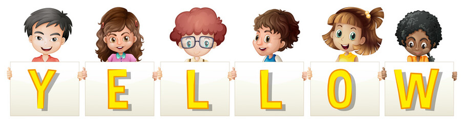 Happy children holding sign yellow