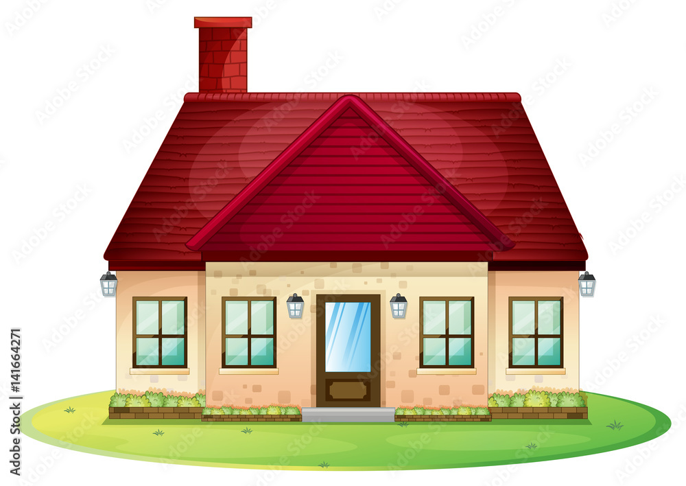 Wall mural single house with red chimney on roof