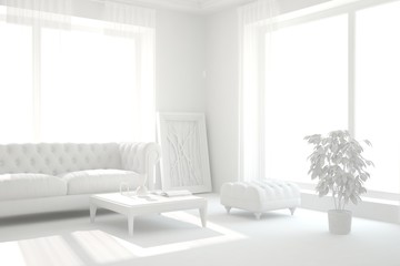 White modern room with sofa. Scandinavian interior design. 3D illustration