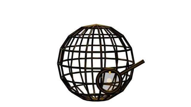3d icon, Globus mit Lupe in gold-metallic