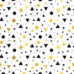Fototapeta na wymiar Vector Gold, Black and White Vintage Geometric Shapes Seamless Repeat Pattern Background. Perfect For Fabric, Packaging, Invitations, Wallpaper, Scrapbooking.