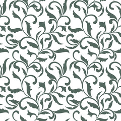 Elegant seamless pattern. Tracery of swirls and decorative leaves  on a white background. Vintage style. It can be used for printing on fabric, wallpaper, wrapping