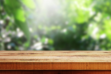 Wooden table and blurred green forest background.
