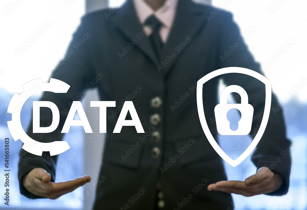 Poster data protection and insurance. concept of secure internet access. man offers icons data gear and shi