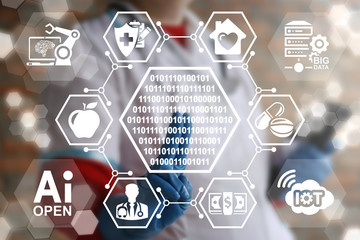 Concept integration digital and binary technologies to medicine, health care. Doctor touched 0 1 button on virtual medical screen on background of IT icons IOT, BIG DATA, AI, Robot, Computing, Cloud.