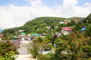 Houses among green mountains