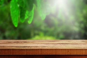 Blurred forest nature background and wooden table.