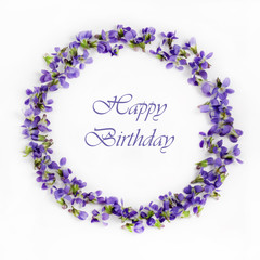 Delicate spring violets on a white background close up. Happy birthday card