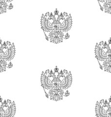 Vector seamless pattern with outlined coat of arms of Russian Federation with two-headed eagle on the white background.