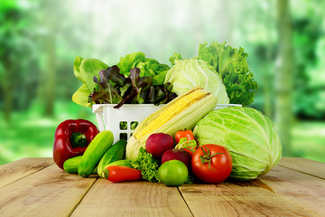 Fresh vegetables on wooden and blurred garden background.