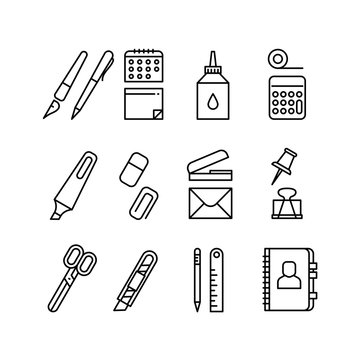 Stationery and office equipment thin line vector icons