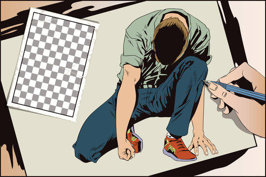 Man tries to get up from his knees. Stock illustration. People in retro style.