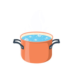 Boiling water in pan. Red cooking pot on stove with water and steam.