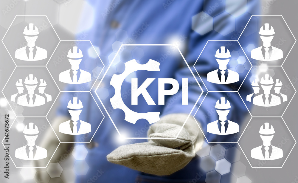 Poster key performance indicator - industry strategy concept. worker offers kpi word icon on virtual screen