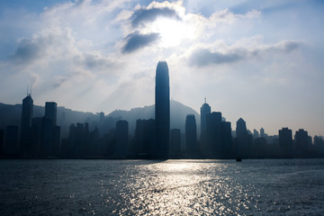 Beautiful super wide-angle summer aerial view View of Hong Kong island skyline, Victoria Bay harbor, with skyscrapers, blue sky and scenery beyond the city, seen from Kowloon island observation Deck