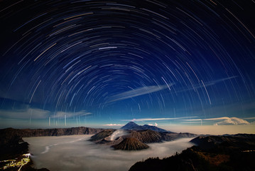 Star tracks above the volcano Bromo. Java island, Indonesia