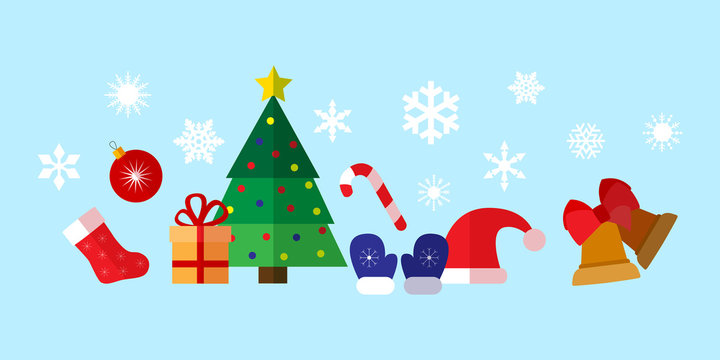 Colorful simple christmas and new year flat icons composition.