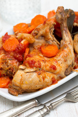 rabbit stew with carrot and tomato on white dish