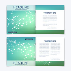 Templates for square brochure. Leaflet cover presentation. Business, science, technology design book layout. Scientific molecule background