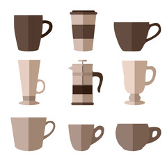 Set of simple monochrome coffee cups and french press flat icons