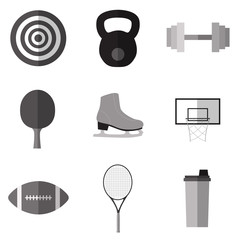 Set of simple monochrome sport equipment  flat icons on white ba