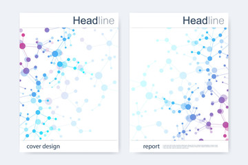 Scientific brochure design template. Vector flyer layout, Molecular structure with connected lines and dots. Scientific pattern atom DNA with elements for magazine, leaflet, cover, poster design.