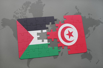 puzzle with the national flag of palestine and tunisia on a world map
