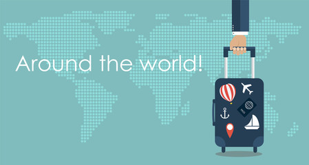 Travel suitcase in man's hand on map background. Travel concept. Vector illustration with copy space