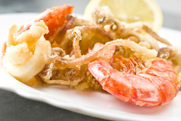 mixed fried fish,shrimp, squid and octopus