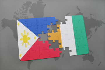 puzzle with the national flag of philippines and cote divoire on a world map
