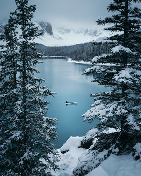 Winter Canoeing on Maligne Lake, Alberta