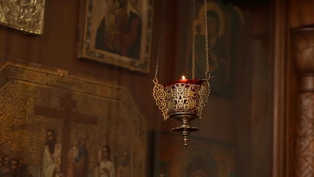 icon lamp from brass in orthodox church, religious concept