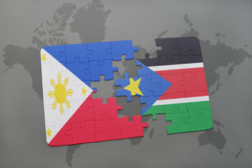 puzzle with the national flag of philippines and south sudan on a world map