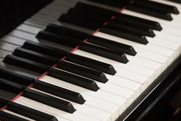 an old piano keys with a selective focus