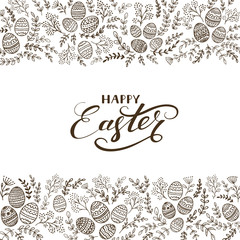 Fototapeta na wymiar Black floral elements and lettering Happy Easter on white background