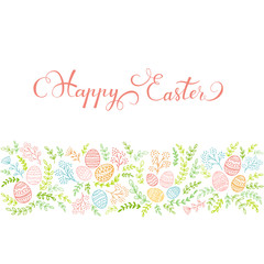 Set of colorful floral elements and red lettering Happy Easter