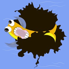 Yellow fish in bleak spot on blue ocean, oil pollution vector illustration