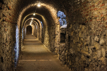 Fototapeta na wymiar Dark corridor walls under ground with natural lights Budapest Castle Hill