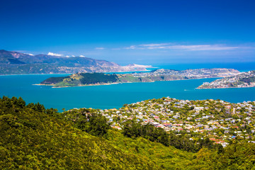 Naklejka na ściany i meble Location: New Zealand, capital city Wellington. View from the SkyLine track and Mount KayKay