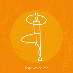 Yoga pose icon, linear logo design, line yoga badge. Graphic design element in contour for creation of banner for spa center of yoga school studio. Decorative vector element with yoga symbol