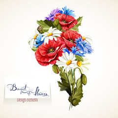 Illustration of Poppy, chamomile and cornflowers. Bouquet of flowers. Floral design element, vector - stock.