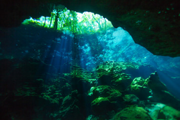 Entrance area of Azul cenote underwater cave