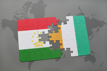 puzzle with the national flag of tajikistan and cote divoire on a world map