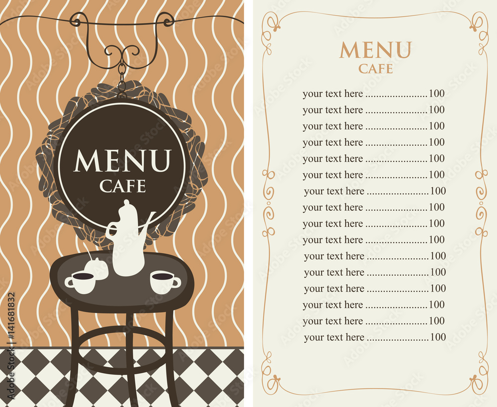 Poster vector menu template for a cafe with price list and served table in the room