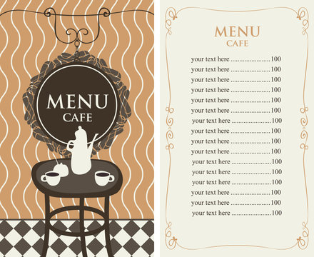 Vector menu template for a cafe with price list and served table in the room