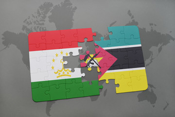 puzzle with the national flag of tajikistan and mozambique on a world map