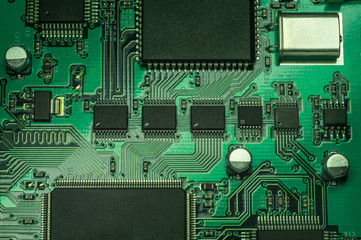 Computer board chip. Electronic circuit board closeup