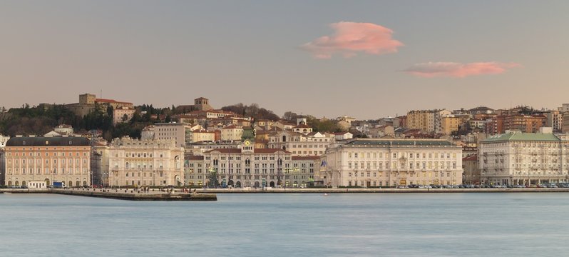 Piazza Unit&agrave; d'Italia square and the Molo Audace, view from the sea of Trieste, Italy